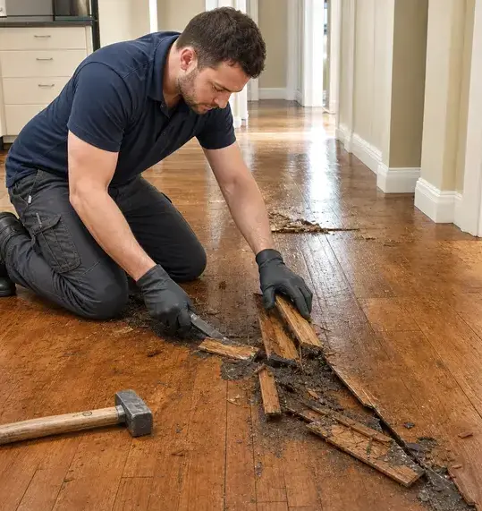 Water-damaged hardwood floor — wood floor water damage in Provo, UT by Bailey Water Damage Restoration